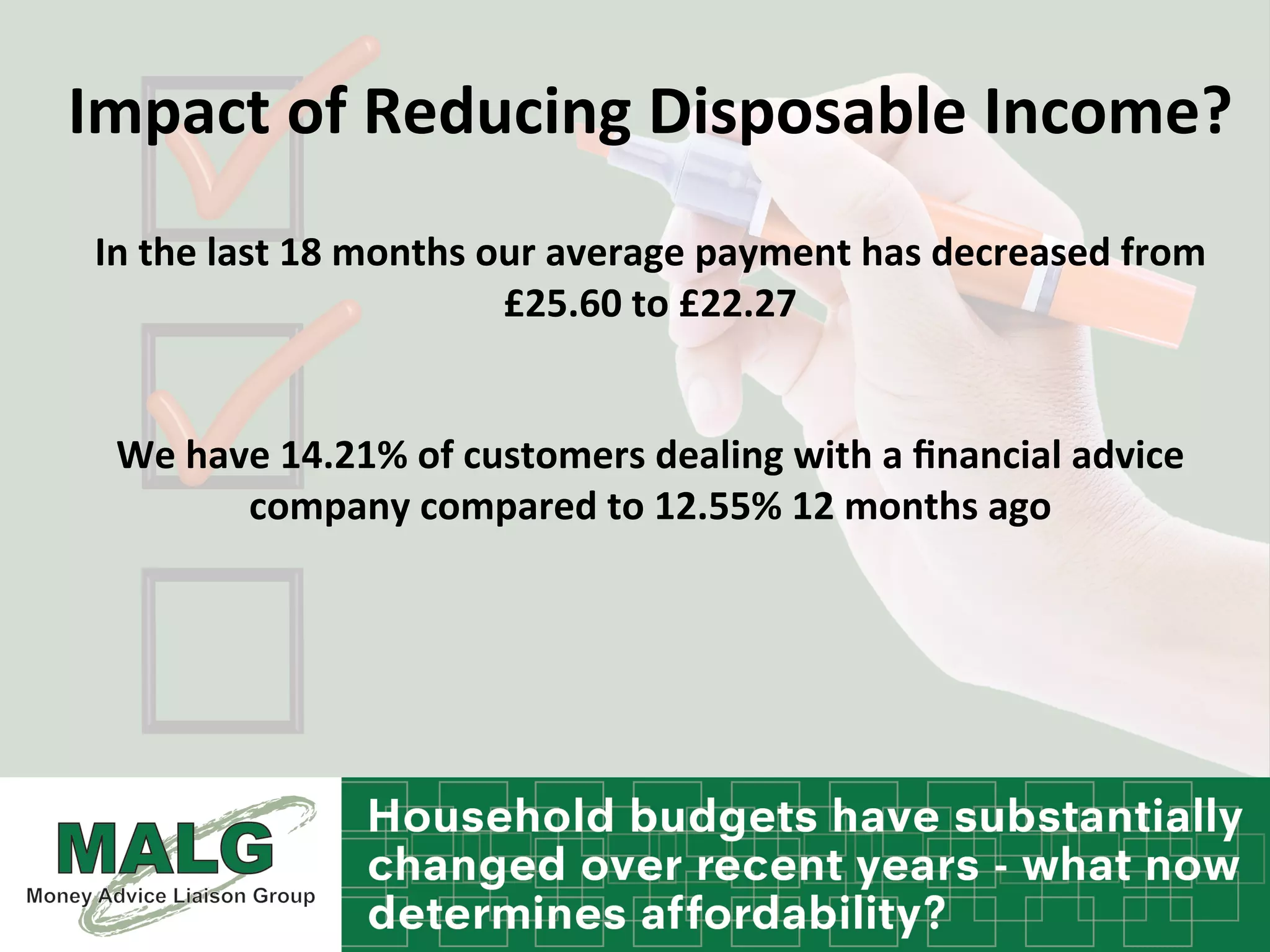 Impact	
  of	
  Reducing	
  Disposable	
  Income?	
  
	
  
	
  
In	
  the	
  last	
  18	
  months	
  our	
  average	
  payment	
  has	
  decreased	
  from	
  
£25.60	
  to	
  £22.27	
  	
  
	
  
	
  
We	
  have	
  14.21%	
  of	
  customers	
  dealing	
  with	
  a	
  ﬁnancial	
  advice	
  
company	
  compared	
  to	
  12.55%	
  12	
  months	
  ago	
  
	
  
	
  
	
  
 