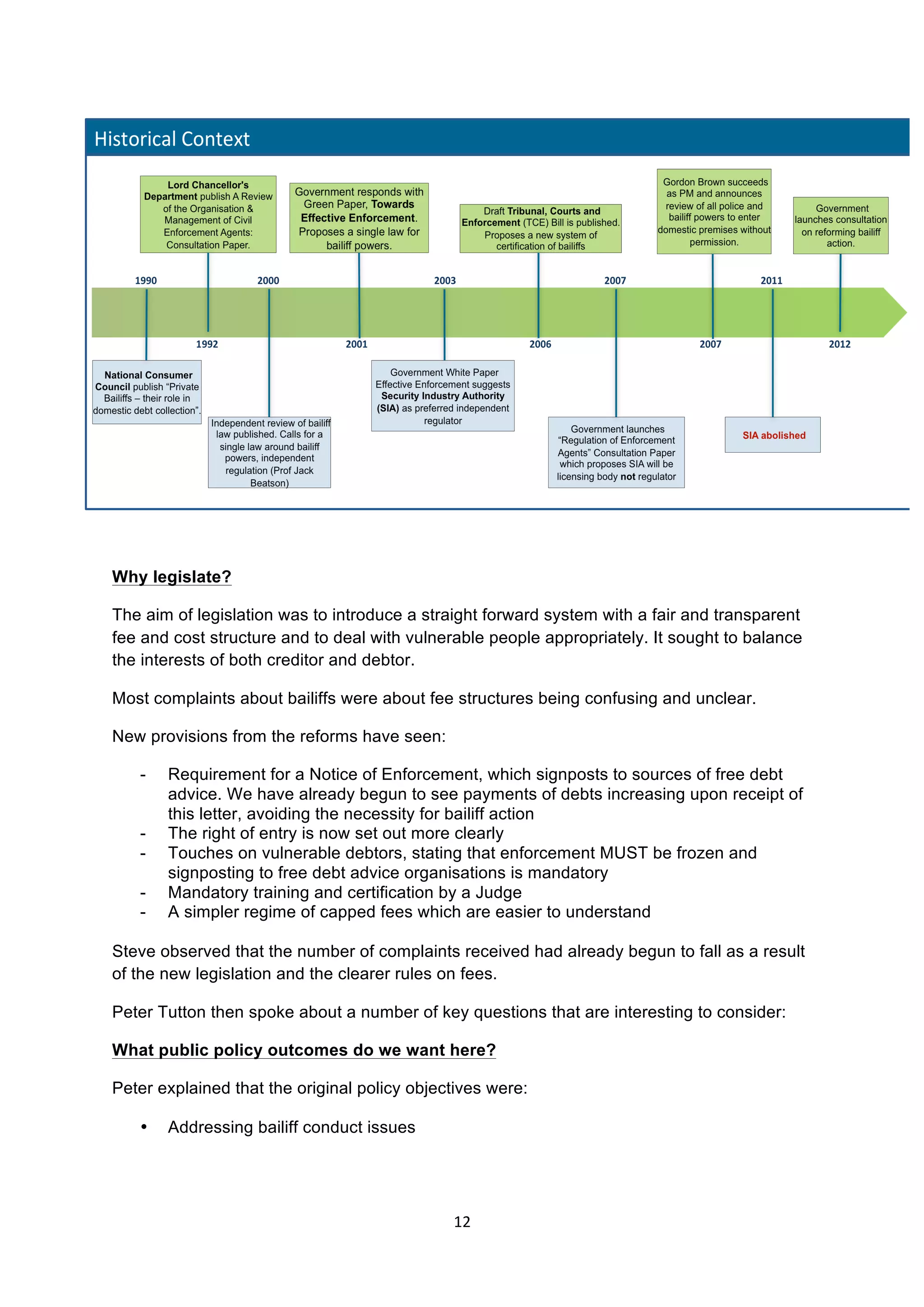 12	
  
	
  
Why legislate?
The aim of legislation was to introduce a straight forward system with a fair and transparent
fee and cost structure and to deal with vulnerable people appropriately. It sought to balance
the interests of both creditor and debtor.
Most complaints about bailiffs were about fee structures being confusing and unclear.
New provisions from the reforms have seen:
- Requirement for a Notice of Enforcement, which signposts to sources of free debt
advice. We have already begun to see payments of debts increasing upon receipt of
this letter, avoiding the necessity for bailiff action
- The right of entry is now set out more clearly
- Touches on vulnerable debtors, stating that enforcement MUST be frozen and
signposting to free debt advice organisations is mandatory
- Mandatory training and certification by a Judge
- A simpler regime of capped fees which are easier to understand
Steve observed that the number of complaints received had already begun to fall as a result
of the new legislation and the clearer rules on fees.
Peter Tutton then spoke about a number of key questions that are interesting to consider:
What public policy outcomes do we want here?
Peter explained that the original policy objectives were:
• Addressing bailiff conduct issues
 