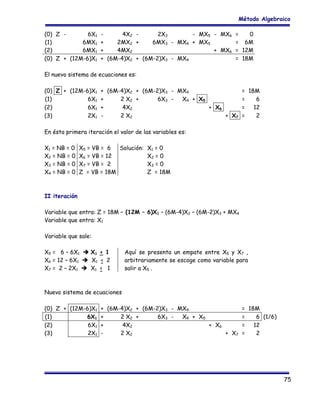 Método Algebraico
(0) Z 6X1
(1)
6MX1
(2)
6MX1
(0) Z + (12M-6)X1

4X2 2X3
- MX5 - MX6
+
2MX2 +
6MX3 - MX4 + MX5
+
4MX2
+ MX6
+ (6M-4)X2 + (6M-2)X3 - MX4

=
0
= 6M
= 12M
= 18M

El nuevo sistema de ecuaciones es:
(0) Z + (12M-6)X1 + (6M-4)X2 + (6M-2)X3 - MX4
(1)
6X1 +
2 X2 +
6X3 X4 + X5
(2)
6X1 +
4X2
+ X6
(3)
2X1 2 X2
+ X7

= 18M
=
6
=
12
=
2

En ésta primera iteración el valor de las variables es:
X1 = NB = 0
X2 = NB = 0
X3 = NB = 0
X4 = NB = 0

Solución: X1 = 0
X5 = VB = 6
X6 = VB = 12
X2 = 0
X7 = VB = 2
X3 = 0
Z = VB = 18M
Z = 18M

II iteración
Variable que entra: Z = 18M – (12M – 6)X1 – (6M-4)X2 – (6M-2)X3 + MX4
Variable que entra: X1
Variable que sale:
X5 = 6 – 6X1
X6 = 12 – 6X1
X7 = 2 – 2X1

X1 < 1
X1 < 2
X1 < 1

Aquí se presenta un empate entre X5 y X7 ,
arbitrariamente se escoge como variable para
salir a X5 .

Nuevo sistema de ecuaciones
(0) Z + (12M-6)X1 + (6M-4)X2 + (6M-2)X3 - MX4
(1)
6X1 +
2 X2 +
6X3 X4 + X5
(2)
6X1 +
4X2
+ X6
(3)
2X1 2 X2
+ X7

= 18M
=
6 (1/6)
=
12
=
2

75

 
