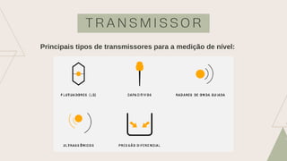 T R A N S M I S S O R
Principais tipos de transmissores para a medição de nível:
 