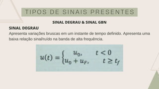 T I P O S D E S I N A I S P R E S E N T E S
SINAL DEGRAU
Apresenta variações bruscas em um instante de tempo definido. Apresenta uma
baixa relação sinal/ruído na banda de alta frequência.
SINAL DEGRAU & SINAL GBN
 