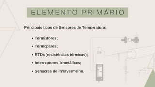 E L E M E N T O P R I M Á R I O
Principais tipos de Sensores de Temperatura:
Termistores;
Termopares;
RTDs (resistências térmicas);
Interruptores bimetálicos;
Sensores de infravermelho.
 