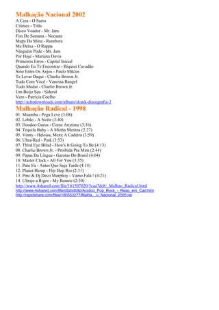 Malhação Nacional 2002
A Cera - O Surto
Ciúmes - Titãs
Disco Voador - Mr. Jam
Fim De Semana - Nocaute
Mapa Da Mina - Rumbora
Me Deixa - O Rappa
Ninguém Pode - Mr. Jam
Por Hoje - Mariana Davis
Primeiros Erros - Capital Inicial
Quando Eu Te Encontrar - Biquini Cavadão
Sino Entre Os Anjos - Paulo Miklos
Te Levar Daqui - Charlie Brown Jr.
Tudo Com Você - Vanessa Rangel
Tudo Mudar - Charlie Brown Jr.
Um Beijo Seu - Sideral
Vem - Patrícia Coelho
http://achedownloads.com/albuns/skank-discografia-2
Malhação Radical - 1998
01. Muamba - Pega Leve (3:08)
02. Lobão - A Noite (3:40)
03. Hoodoo Gurus - Come Anytime (3:16)
04. Tequila Baby - A Minha Menina (2:27)
05. Vinny - Heloisa, Mexe A Cadeira (3:59)
06. Ultra-Red - Pink (3:53)
07. Third Eye Blind - How's It Going To Be (4:13)
08. Charlie Brown Jr. - Proibida Pra Mim (2:44)
09. Papas Da Língua - Garotas Do Brasil (4:04)
10. Master Clock - All For You (3:35)
11. Pato Fú - Antes Que Seja Tarde (4:14)
12. Planet Hemp - Hip Hop Rio (2:31)
13. Pmc & Dj Deco Murphoy - Vamo Falá ! (4:21)
14. Ultraje a Rigor - My Bonnie (2:30)
http://www.4shared.com/file/161507020/5caa7de8/_Malhao_Radical.html
http://www.4shared.com/file/q9zbdb9p/Acstico_Pop_Rock_-_Reao_em_Cad.htm
http://rapidshare.com/files/180553277/Malha__o_Nacional_2005.rar
 
