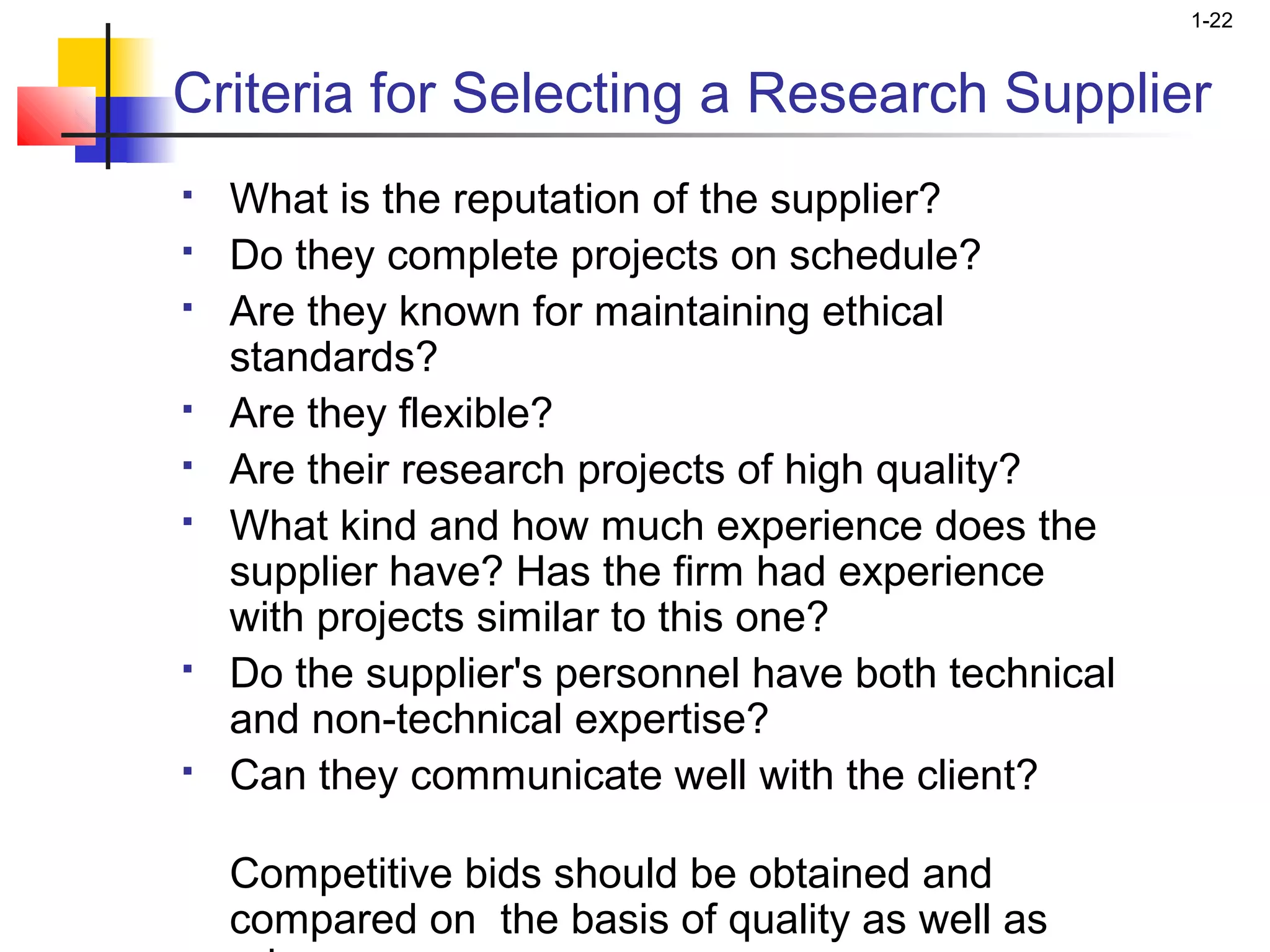 1-22



Criteria for Selecting a Research Supplier
   What is the reputation of the supplier?
   Do they complete projects on schedule?
   Are they known for maintaining ethical
    standards?
   Are they flexible?
   Are their research projects of high quality?
   What kind and how much experience does the
    supplier have? Has the firm had experience
    with projects similar to this one?
   Do the supplier's personnel have both technical
    and non-technical expertise?
   Can they communicate well with the client?

    Competitive bids should be obtained and
    compared on the basis of quality as well as
 