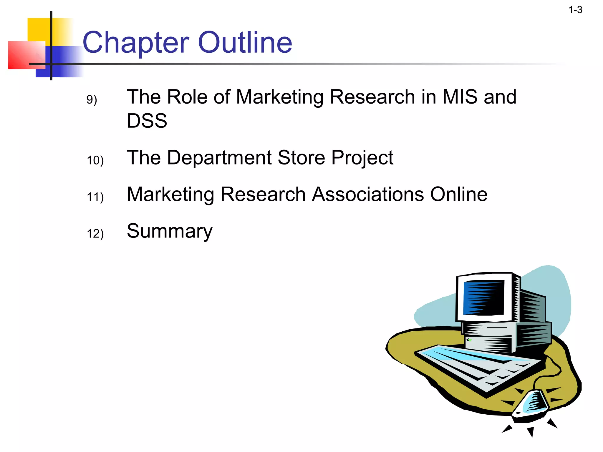 1-3


Chapter Outline
9)    The Role of Marketing Research in MIS and
      DSS
10)   The Department Store Project
11)   Marketing Research Associations Online
12)   Summary
 