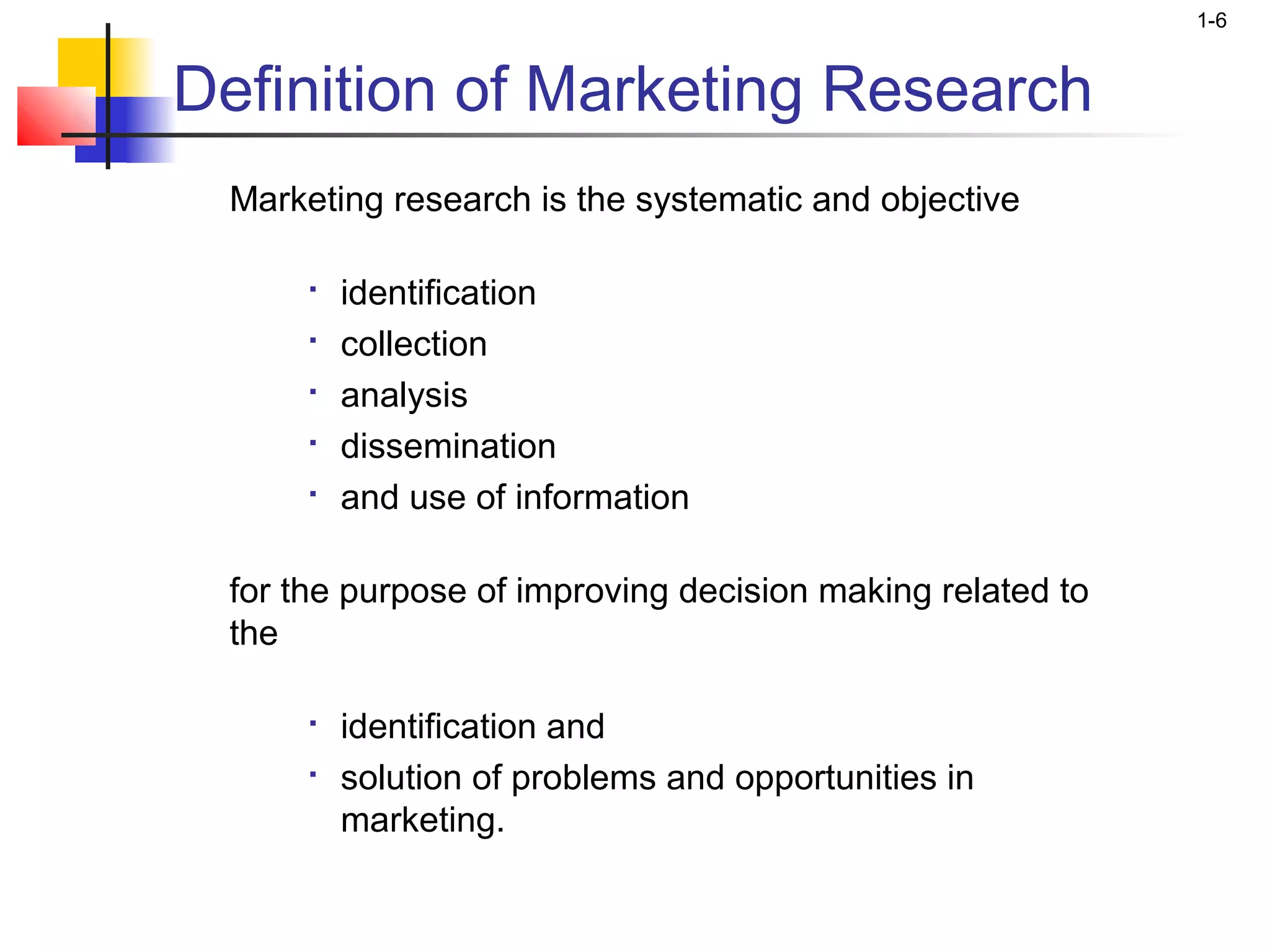 1-6


Definition of Marketing Research
 Marketing research is the systematic and objective

      
          identification
      
          collection
      
          analysis
      
          dissemination
      
          and use of information

 for the purpose of improving decision making related to
 the

         identification and
         solution of problems and opportunities in
          marketing.
 