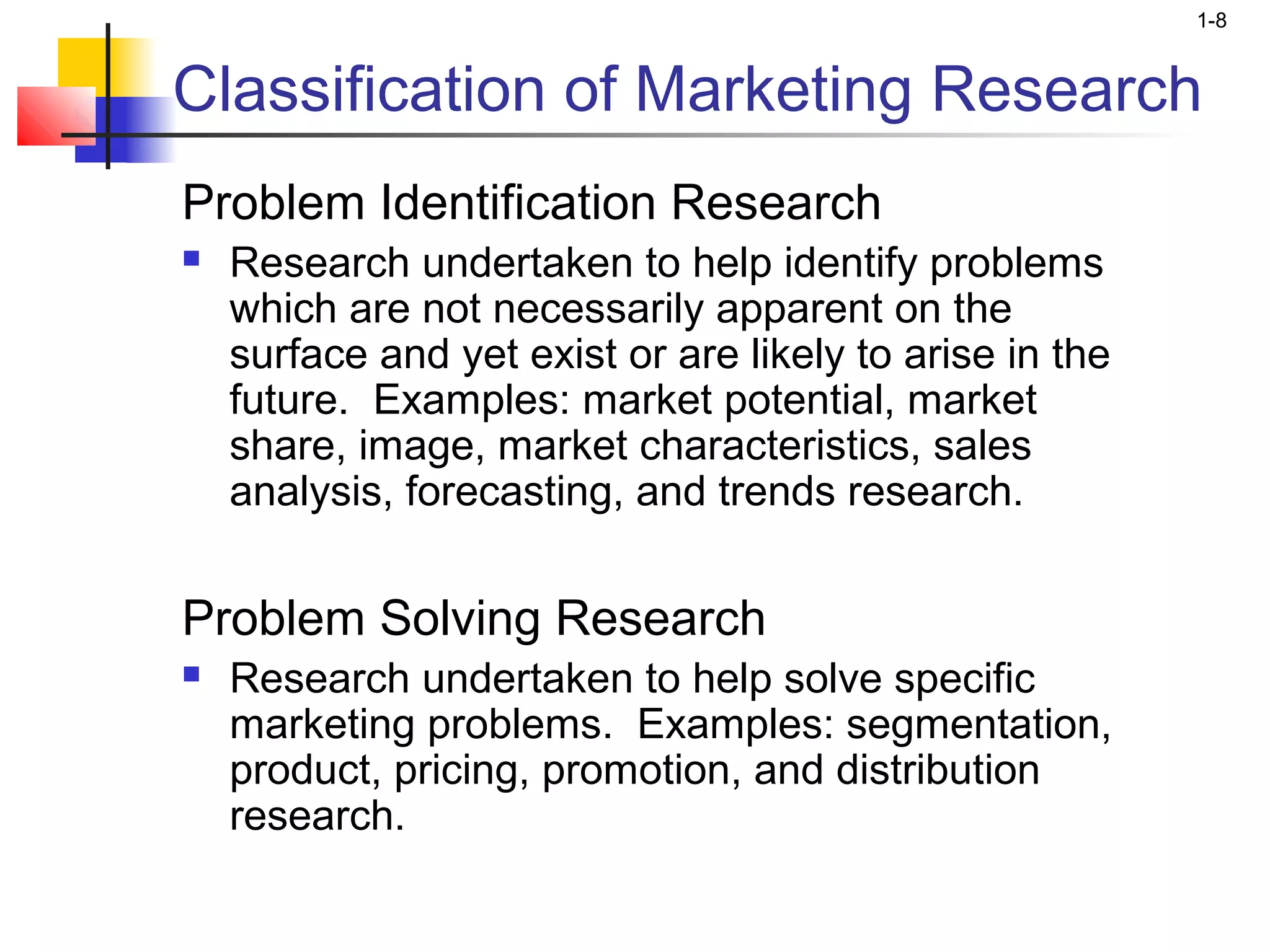 1-8


Classification of Marketing Research
Problem Identification Research
   Research undertaken to help identify problems
    which are not necessarily apparent on the
    surface and yet exist or are likely to arise in the
    future. Examples: market potential, market
    share, image, market characteristics, sales
    analysis, forecasting, and trends research.


Problem Solving Research
   Research undertaken to help solve specific
    marketing problems. Examples: segmentation,
    product, pricing, promotion, and distribution
    research.
 
