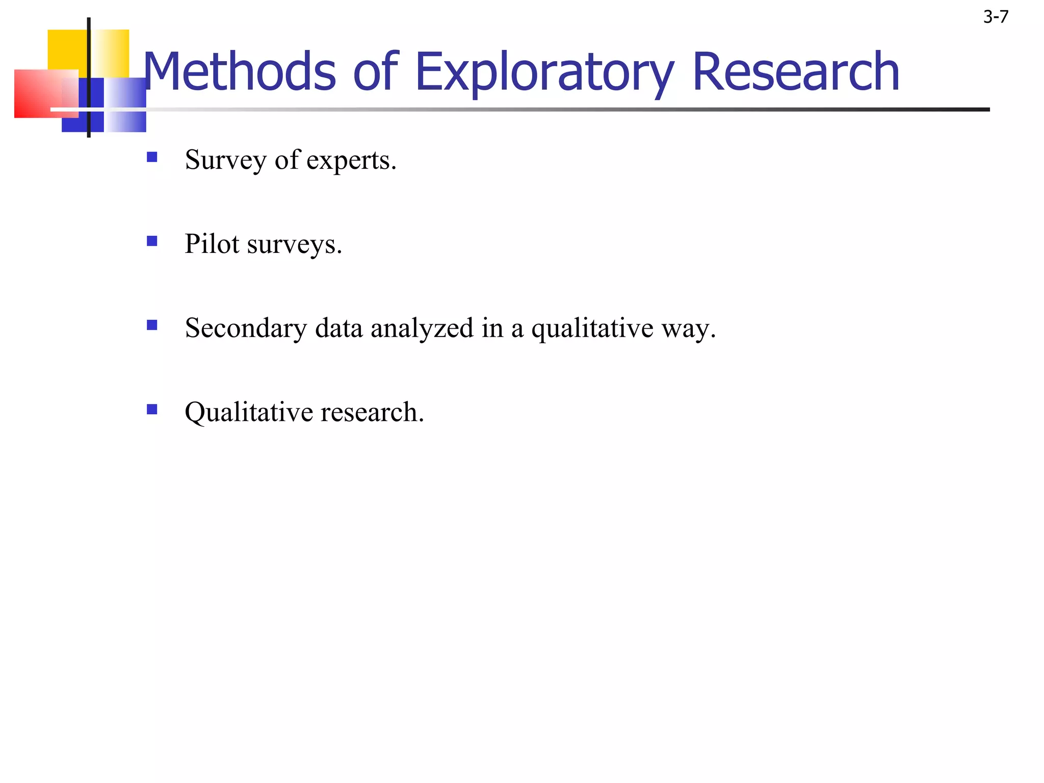 Methods of Exploratory Research Survey of experts. Pilot surveys. Secondary data analyzed in a qualitative way. Qualitative research.  