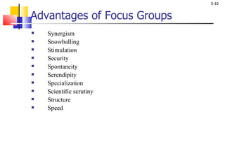 Advantages of Focus Groups Synergism Snowballing Stimulation Security Spontaneity Serendipity Specialization Scientific scrutiny Structure Speed 