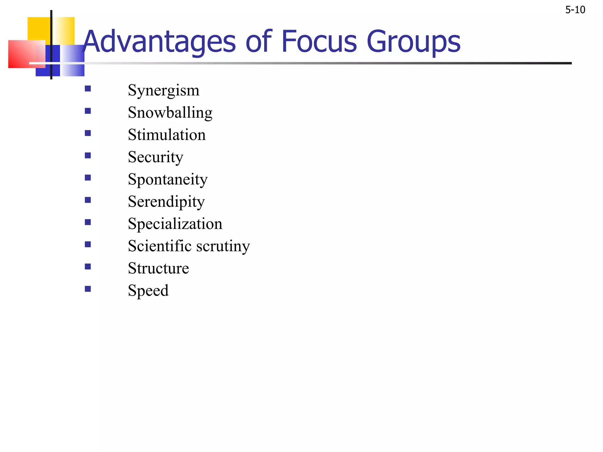 Advantages of Focus Groups Synergism Snowballing Stimulation Security Spontaneity Serendipity Specialization Scientific scrutiny Structure Speed 