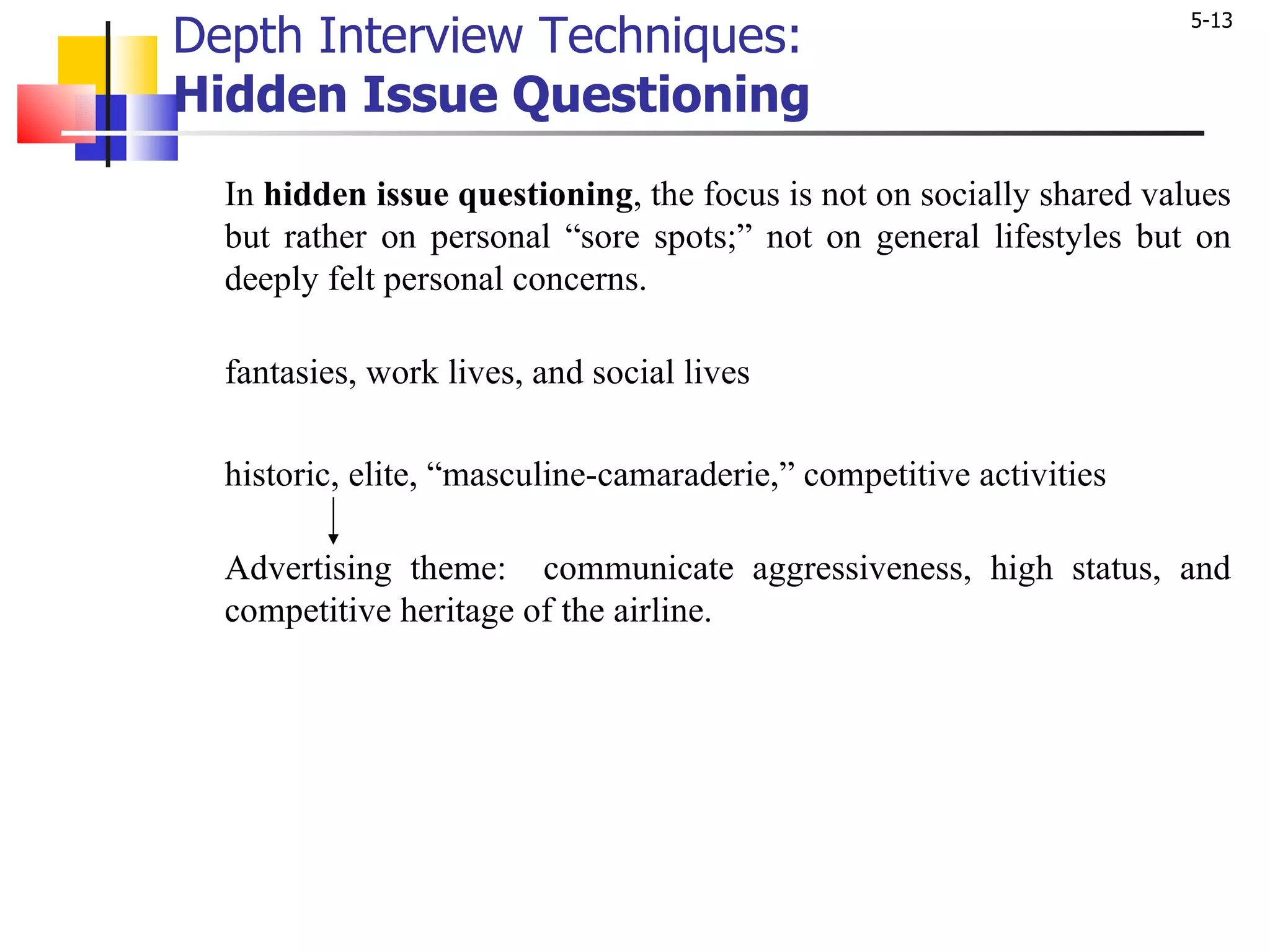 Depth Interview Techniques:  Hidden Issue Questioning   In  hidden issue questioning , the focus is not on socially shared values but rather on personal “sore spots;” not on general lifestyles but on deeply felt personal concerns.  fantasies, work lives, and social lives    historic, elite, “masculine-camaraderie,” competitive activities Advertising theme:  communicate aggressiveness, high status, and competitive heritage of the airline.  