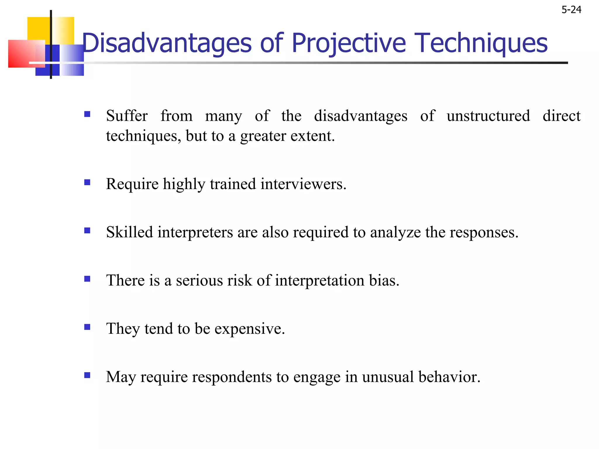 Disadvantages of Projective Techniques Suffer from many of the disadvantages of unstructured direct techniques, but to a greater extent.  Require highly trained interviewers.  Skilled interpreters are also required to analyze the responses.  There is a serious risk of interpretation bias.  They tend to be expensive.  May require respondents to engage in unusual behavior.  