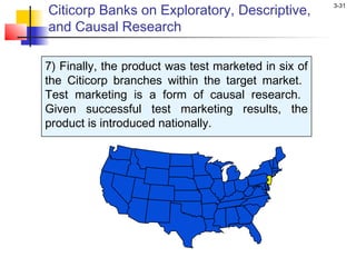 Citicorp Banks on Exploratory, Descriptive,
                                                      3-31


and Causal Research

7) Finally, the product was test marketed in six of
the Citicorp branches within the target market.
Test marketing is a form of causal research.
Given successful test marketing results, the
product is introduced nationally.
 