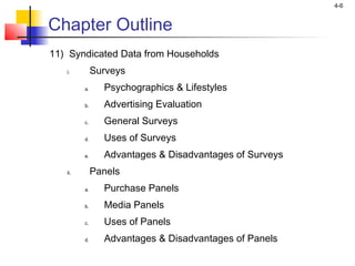 4-6


Chapter Outline
11) Syndicated Data from Households
   i.         Surveys
         a.     Psychographics & Lifestyle...