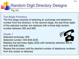 6-13


       Random Digit Directory Designs
       Fig. 6.2


Two-Stage Procedure
The first stage consists of selecting an exchange and telephone
number from the directory. In the second stage, the last three digits
of the selected number are replaced with a three-digit random
number between 000 and 999.

Cluster 1
Selected exchange: 636
Selected number: 404-636-3230
Replace the last three digits (230) with randomly selected 389 to
form 404-636-3389.
Repeat this process until the desired number of telephone numbers
from this cluster is obtained.
 