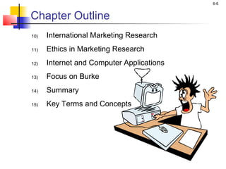 6-6


Chapter Outline
10)   International Marketing Research
11)   Ethics in Marketing Research
12)   Internet and Computer Applications
13)   Focus on Burke
14)   Summary
15)   Key Terms and Concepts
 