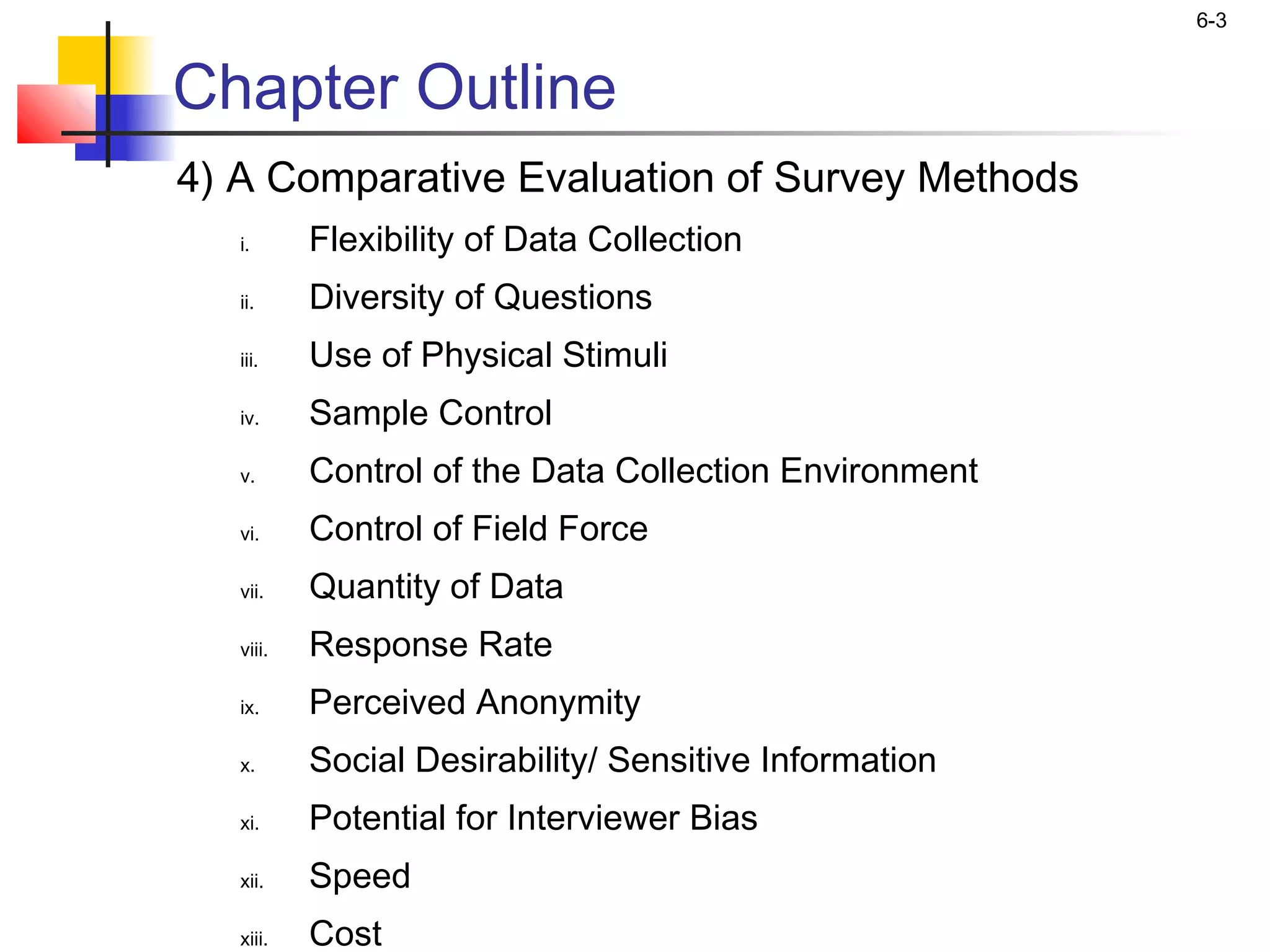 6-3


Chapter Outline
4) A Comparative Evaluation of Survey Methods
   i.      Flexibility of Data Collection
   ii.     Diversity of Questions
   iii.    Use of Physical Stimuli
   iv.     Sample Control
   v.      Control of the Data Collection Environment
   vi.     Control of Field Force
   vii.    Quantity of Data
   viii.   Response Rate
   ix.     Perceived Anonymity
   x.      Social Desirability/ Sensitive Information
   xi.     Potential for Interviewer Bias
   xii.    Speed
   xiii.   Cost
 