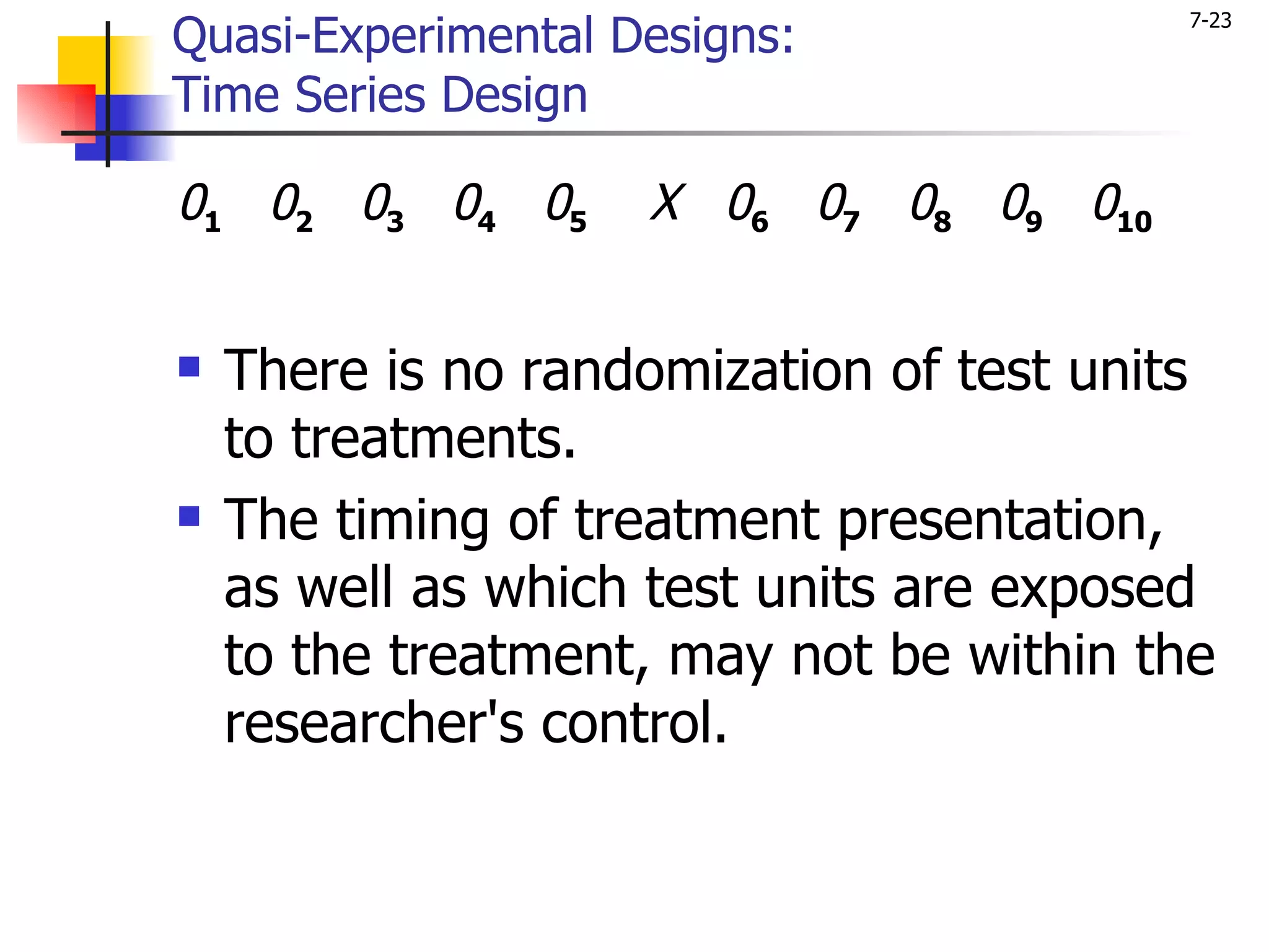Quasi-Experimental Designs:
                                         7-23


Time Series Design

01 02 03 04 05      X 06 07 08 09 010


   There is no randomization of test units
    to treatments.
   The timing of treatment presentation,
    as well as which test units are exposed
    to the treatment, may not be within the
    researcher's control.
 