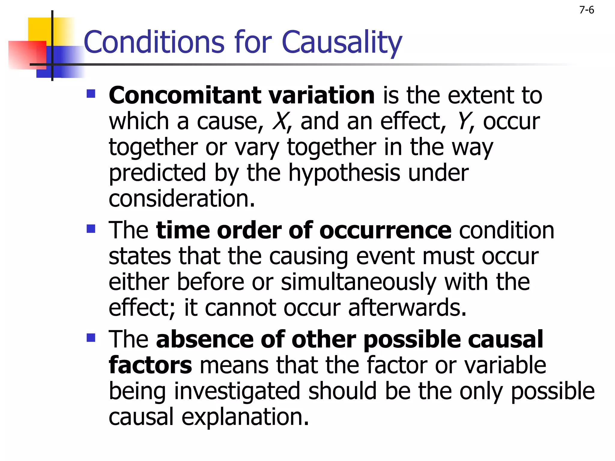7-6


Conditions for Causality
   Concomitant variation is the extent to
    which a cause, X, and an effect, Y, occur
    together or vary together in the way
    predicted by the hypothesis under
    consideration.
   The time order of occurrence condition
    states that the causing event must occur
    either before or simultaneously with the
    effect; it cannot occur afterwards.
   The absence of other possible causal
    factors means that the factor or variable
    being investigated should be the only possible
    causal explanation.
 