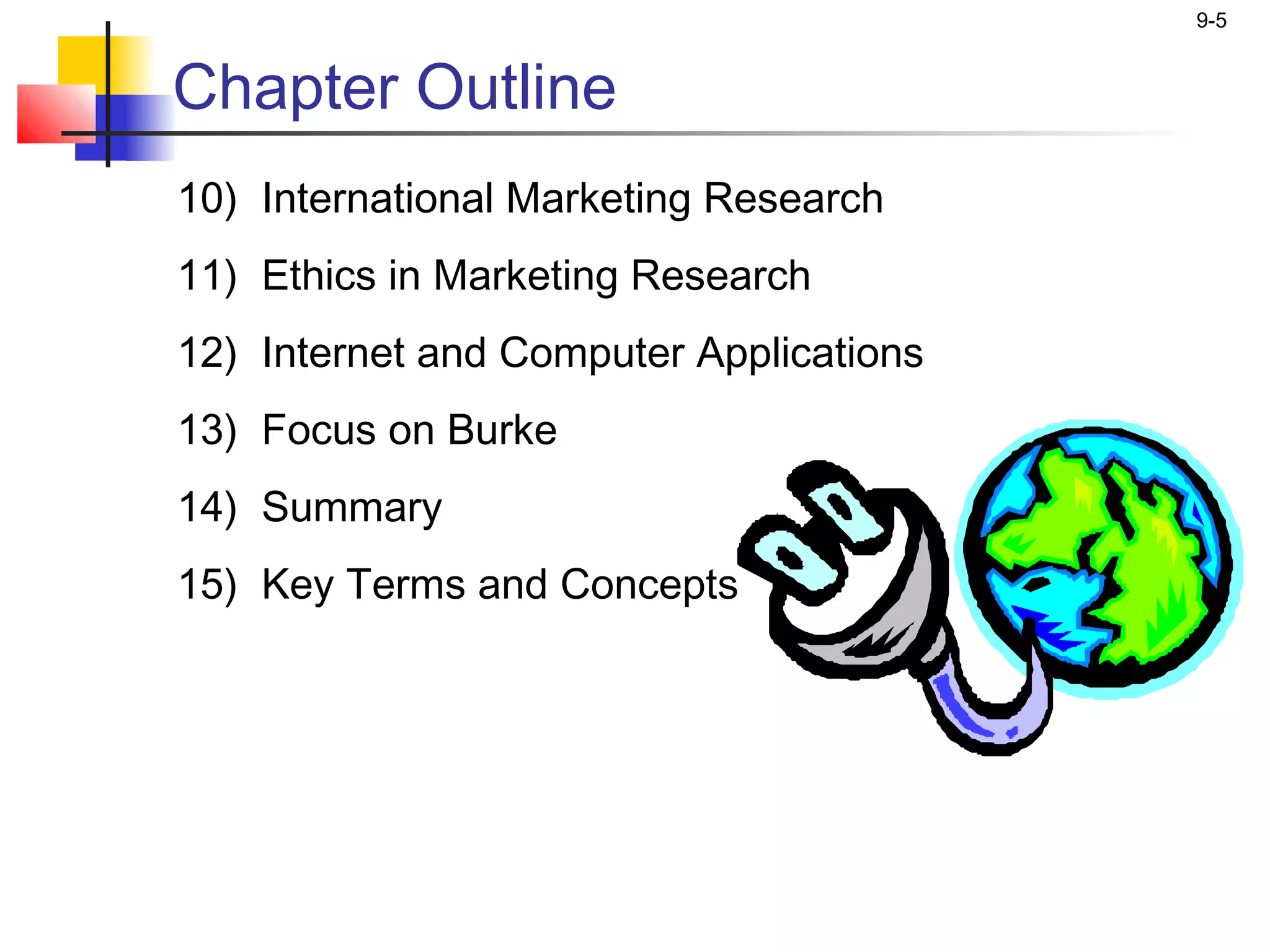9-5


Chapter Outline
10) International Marketing Research
11) Ethics in Marketing Research
12) Internet and Computer Applications
13) Focus on Burke
14) Summary
15) Key Terms and Concepts
 