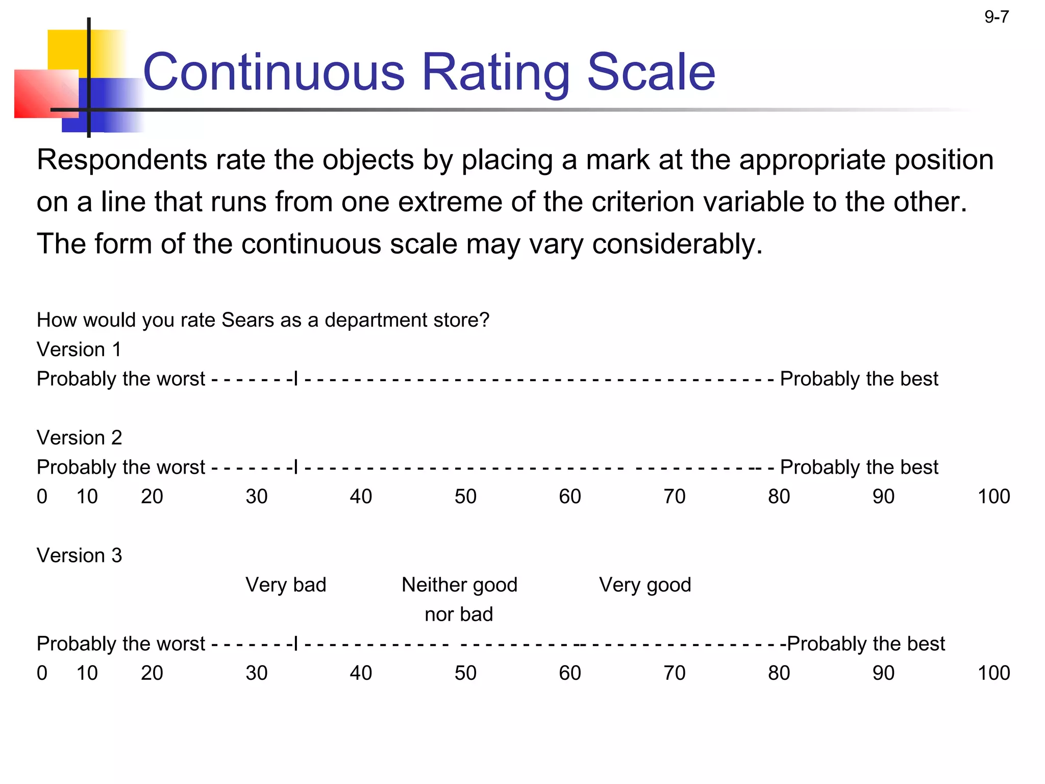9-7


              Continuous Rating Scale
Respondents rate the objects by placing a mark at the appropriate position
on a line that runs from one extreme of the criterion variable to the other.
The form of the continuous scale may vary considerably.
 
How would you rate Sears as a department store?
Version 1
Probably the worst - - - - - - -I - - - - - - - - - - - - - - - - - - - - - - - - - - - - - - - - - - - - - - Probably the best
 
Version 2
Probably the worst - - - - - - -I - - - - - - - - - - - - - - - - - - - - - - - - - - - - - - - - - - - -- - Probably the best
0 10       20           30               40               50               60              70               80          90        100
 
Version 3
                        Very bad                 Neither good                    Very good
                                                     nor bad
Probably the worst - - - - - - -I - - - - - - - - - - - - - - - - - - - - - -- - - - - - - - - - - - - - - - -Probably the best
0 10       20           30               40               50               60              70               80          90        100
 