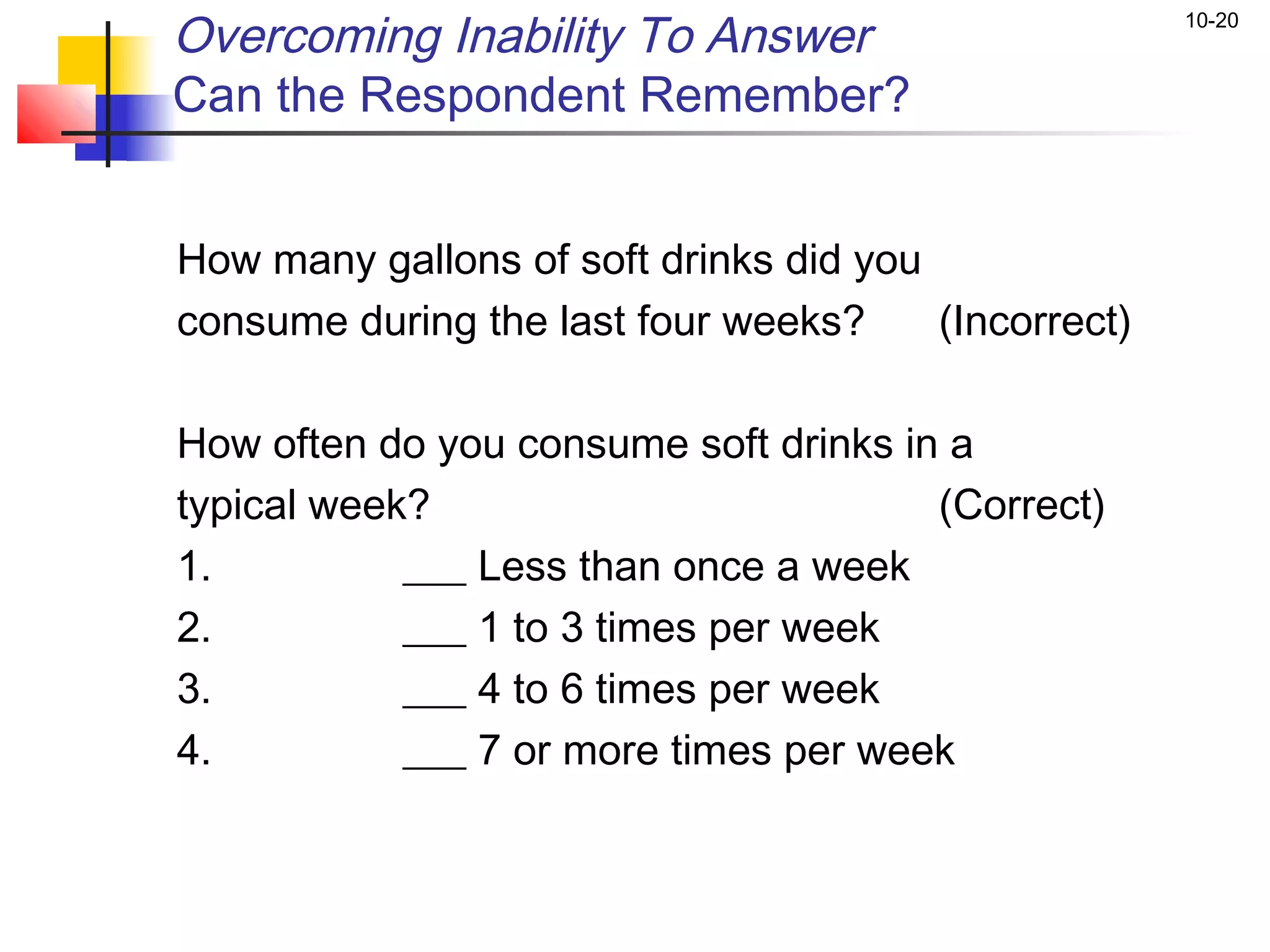 Overcoming Inability To Answer                        10-20


Can the Respondent Remember?


How many gallons of soft drinks did you
consume during the last four weeks?     (Incorrect)

How often do you consume soft drinks in a
typical week?                          (Correct)
1.          ___ Less than once a week
2.          ___ 1 to 3 times per week
3.          ___ 4 to 6 times per week
4.          ___ 7 or more times per week
 