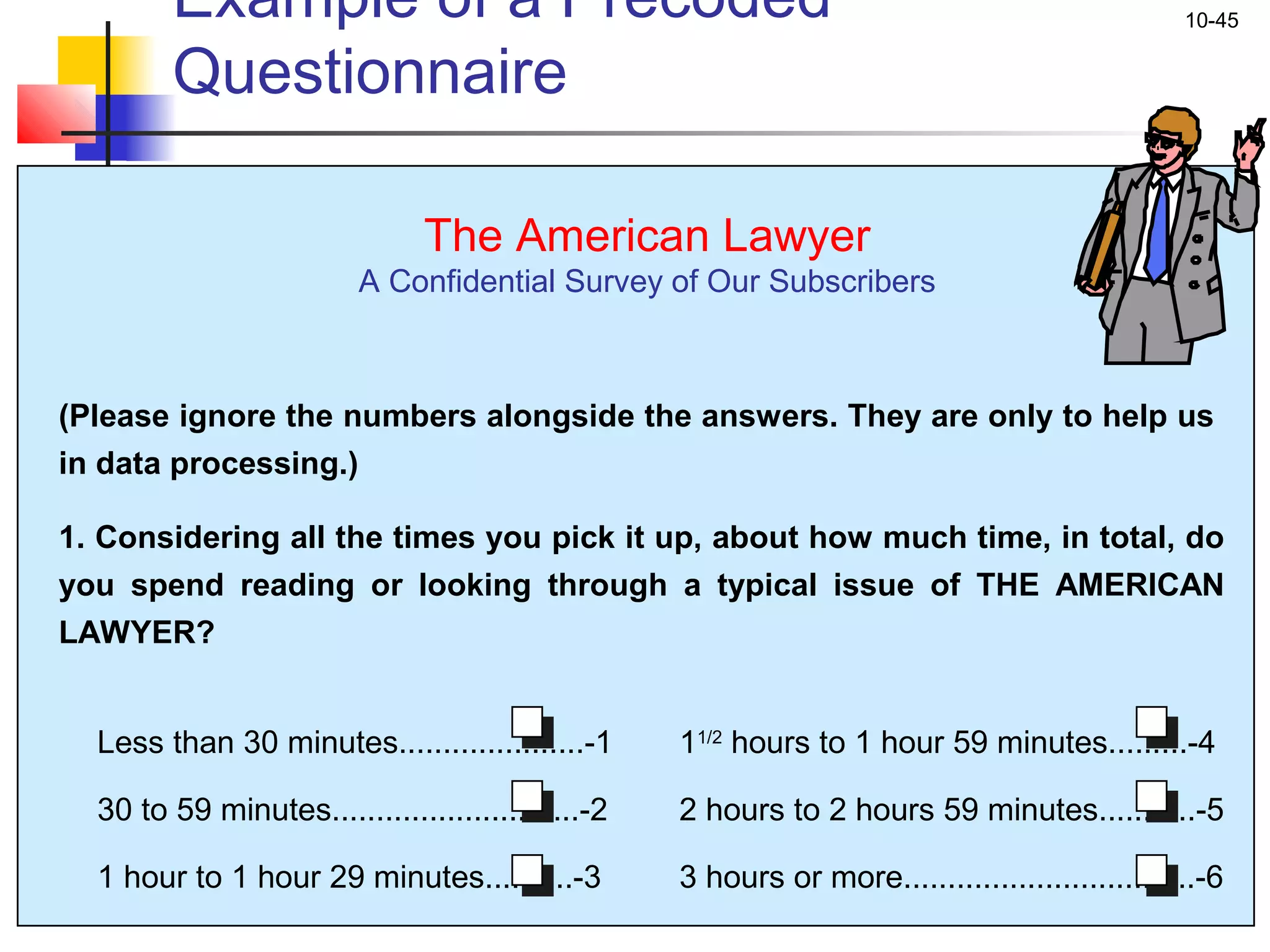 Example of a Precoded                                                                    10-45


        Questionnaire

                               The American Lawyer
                         A Confidential Survey of Our Subscribers



(Please ignore the numbers alongside the answers. They are only to help us
in data processing.)

1. Considering all the times you pick it up, about how much time, in total, do
you spend reading or looking through a typical issue of THE AMERICAN
LAWYER?


  Less than 30 minutes.....................-1      11/2 hours to 1 hour 59 minutes.........-4

  30 to 59 minutes............................-2   2 hours to 2 hours 59 minutes...........-5

  1 hour to 1 hour 29 minutes..........-3          3 hours or more.................................-6
 