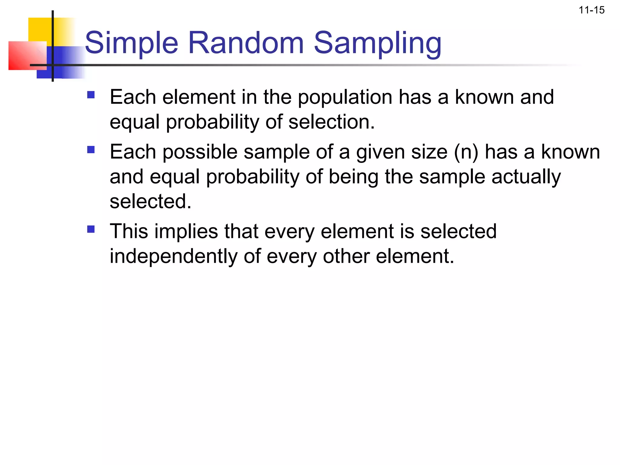 11-15


Simple Random Sampling
   Each element in the population has a known and
    equal probability of selection.
   Each possible sample of a given size (n) has a known
    and equal probability of being the sample actually
    selected.
   This implies that every element is selected
    independently of every other element.
 