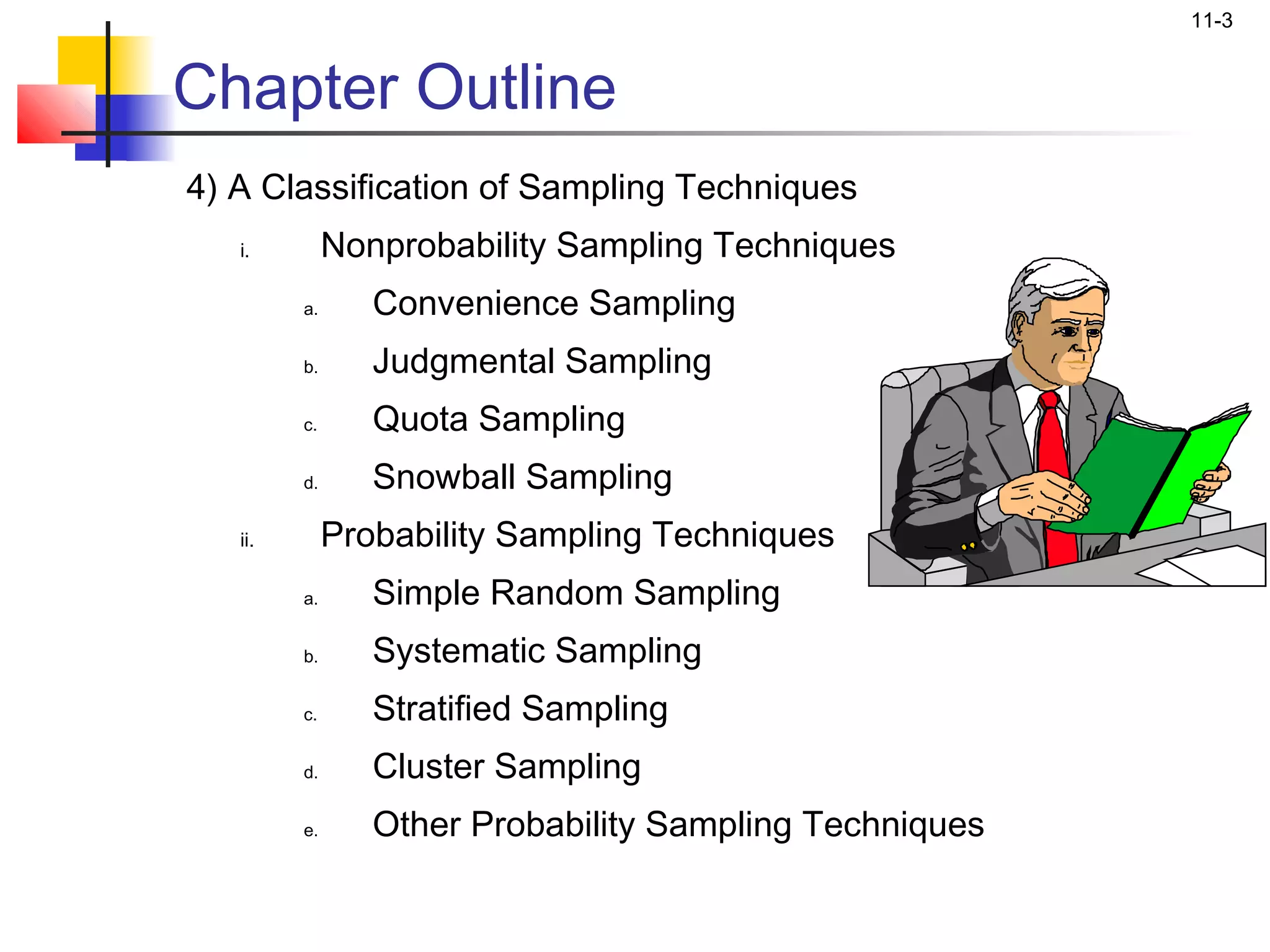 11-3


Chapter Outline
4) A Classification of Sampling Techniques
   i.         Nonprobability Sampling Techniques
         a.      Convenience Sampling
         b.      Judgmental Sampling
         c.      Quota Sampling
         d.      Snowball Sampling
   ii.        Probability Sampling Techniques
         a.      Simple Random Sampling
         b.      Systematic Sampling
         c.      Stratified Sampling
         d.      Cluster Sampling
         e.      Other Probability Sampling Techniques
 