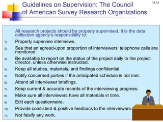 Guidelines on Supervision: The Council
                                                                           13-13


         of American Survey Research Organizations

      All research projects should be properly supervised. It is the data
      collection agency’s responsibility to:
1)    Properly supervise interviews.
2)    See that an agreed-upon proportion of interviewers’ telephone calls are
      monitored.
3)    Be available to report on the status of the project daily to the project
      director, unless otherwise instructed.
4)    Keep all studies, materials, and findings confidential.
5)    Notify concerned parties if the anticipated schedule is not met.
6)    Attend all interviewer briefings.
7)    Keep current & accurate records of the interviewing progress.
8)    Make sure all interviewers have all materials in time.
9)    Edit each questionnaire.
10)   Provide consistent & positive feedback to the interviewers.
11)   Not falsify any work.
 