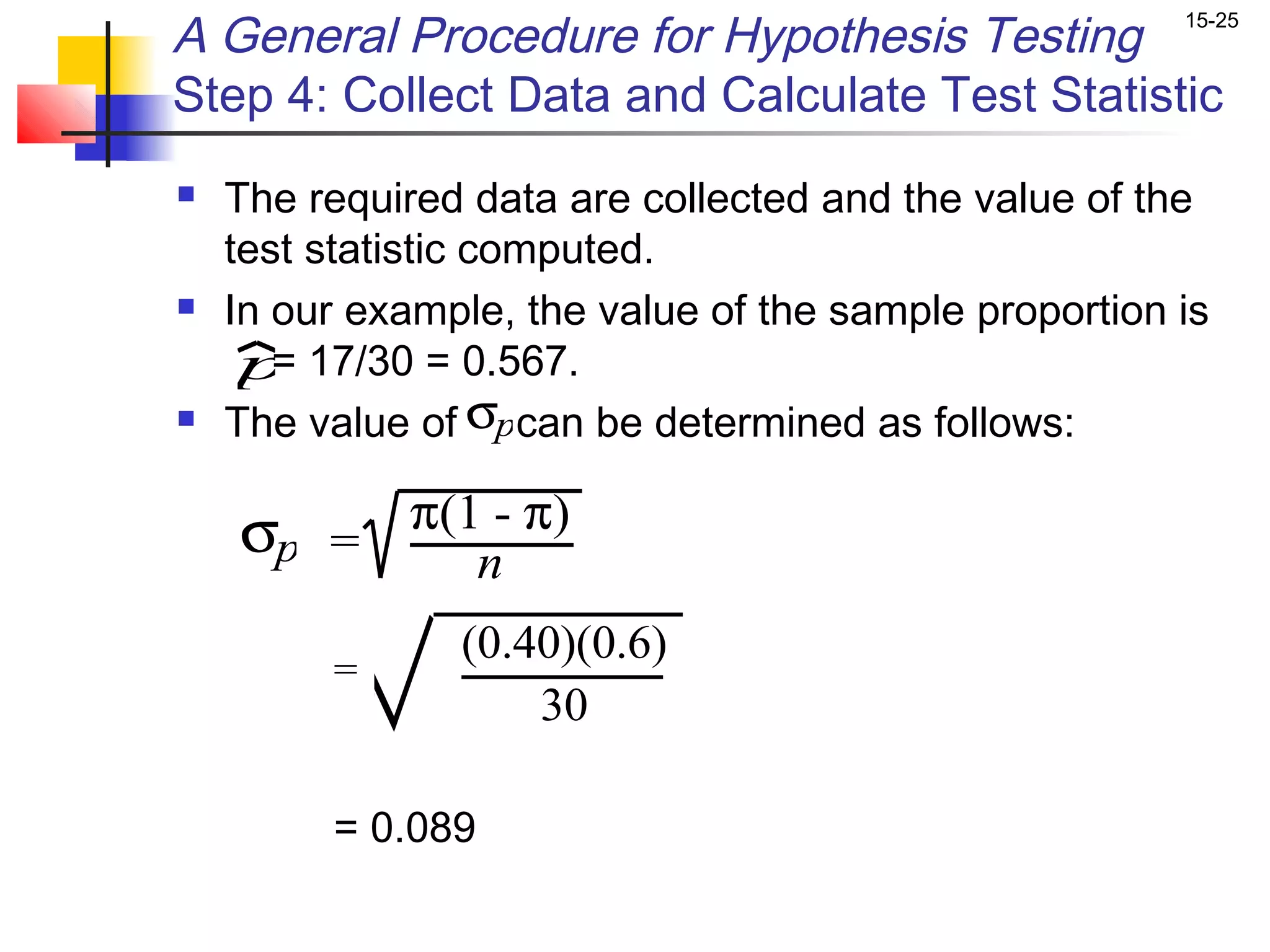 A General Procedure for Hypothesis Testing             15-25


Step 4: Collect Data and Calculate Test Statistic
   The required data are collected and the value of the
    test statistic computed.
   In our example, the value of the sample proportion is
     p 17/30 = 0.567.
       =
   The value of σpcan be determined as follows:

    σp =     π(1 - π)
                n
                (0.40)(0.6)
         =
                    30

         = 0.089
 