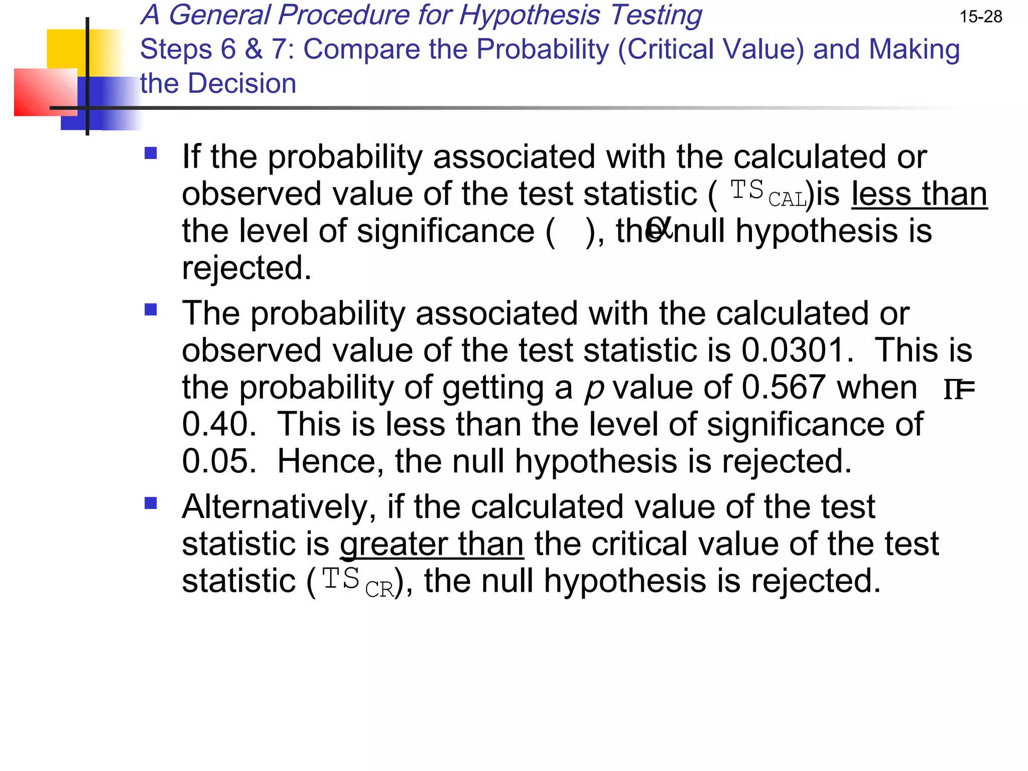 A General Procedure for Hypothesis Testing                      15-28

Steps 6 & 7: Compare the Probability (Critical Value) and Making
the Decision

   If the probability associated with the calculated or
    observed value of the test statistic ( TS CAL)is less than
                                       α
    the level of significance ( ), the null hypothesis is
    rejected.
   The probability associated with the calculated or
    observed value of the test statistic is 0.0301. This is
    the probability of getting a p value of 0.567 when ∏=
    0.40. This is less than the level of significance of
    0.05. Hence, the null hypothesis is rejected.
   Alternatively, if the calculated value of the test
    statistic is greater than the critical value of the test
    statistic ( TS CR), the null hypothesis is rejected.
 