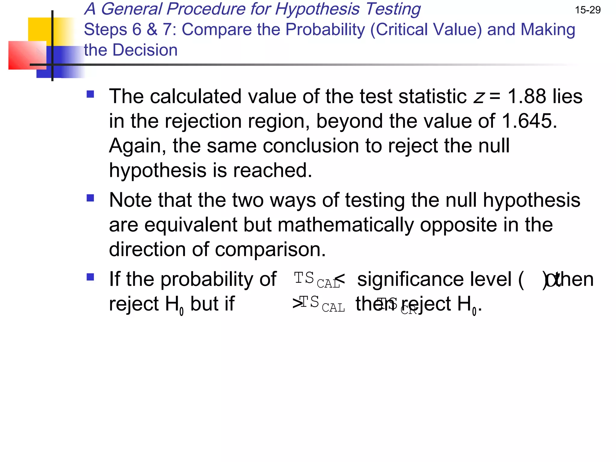 A General Procedure for Hypothesis Testing                      15-29

Steps 6 & 7: Compare the Probability (Critical Value) and Making
the Decision

   The calculated value of the test statistic z = 1.88 lies
    in the rejection region, beyond the value of 1.645.
    Again, the same conclusion to reject the null
    hypothesis is reached.
   Note that the two ways of testing the null hypothesis
    are equivalent but mathematically opposite in the
    direction of comparison.
                              <                       α
    If the probability of TS CAL significance level ( ) then
    reject H0 but if      > CAL then CR
                           TS      TS reject H 0 .
 