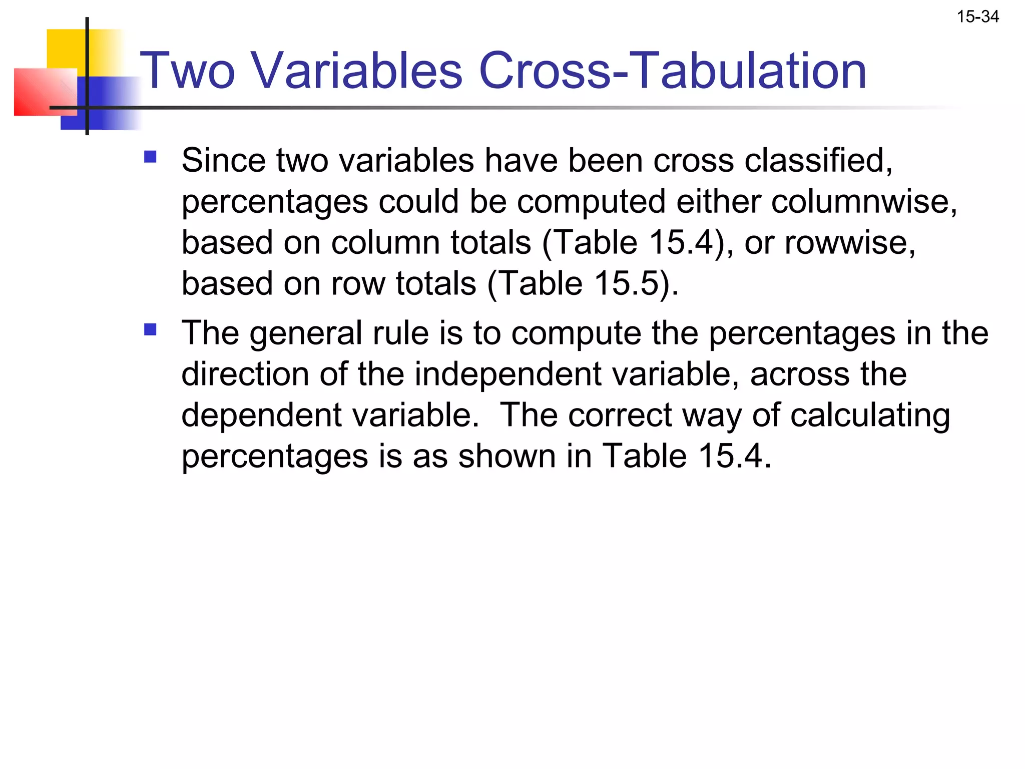 15-34


Two Variables Cross-Tabulation
   Since two variables have been cross classified,
    percentages could be computed either columnwise,
    based on column totals (Table 15.4), or rowwise,
    based on row totals (Table 15.5).
   The general rule is to compute the percentages in the
    direction of the independent variable, across the
    dependent variable. The correct way of calculating
    percentages is as shown in Table 15.4.
 