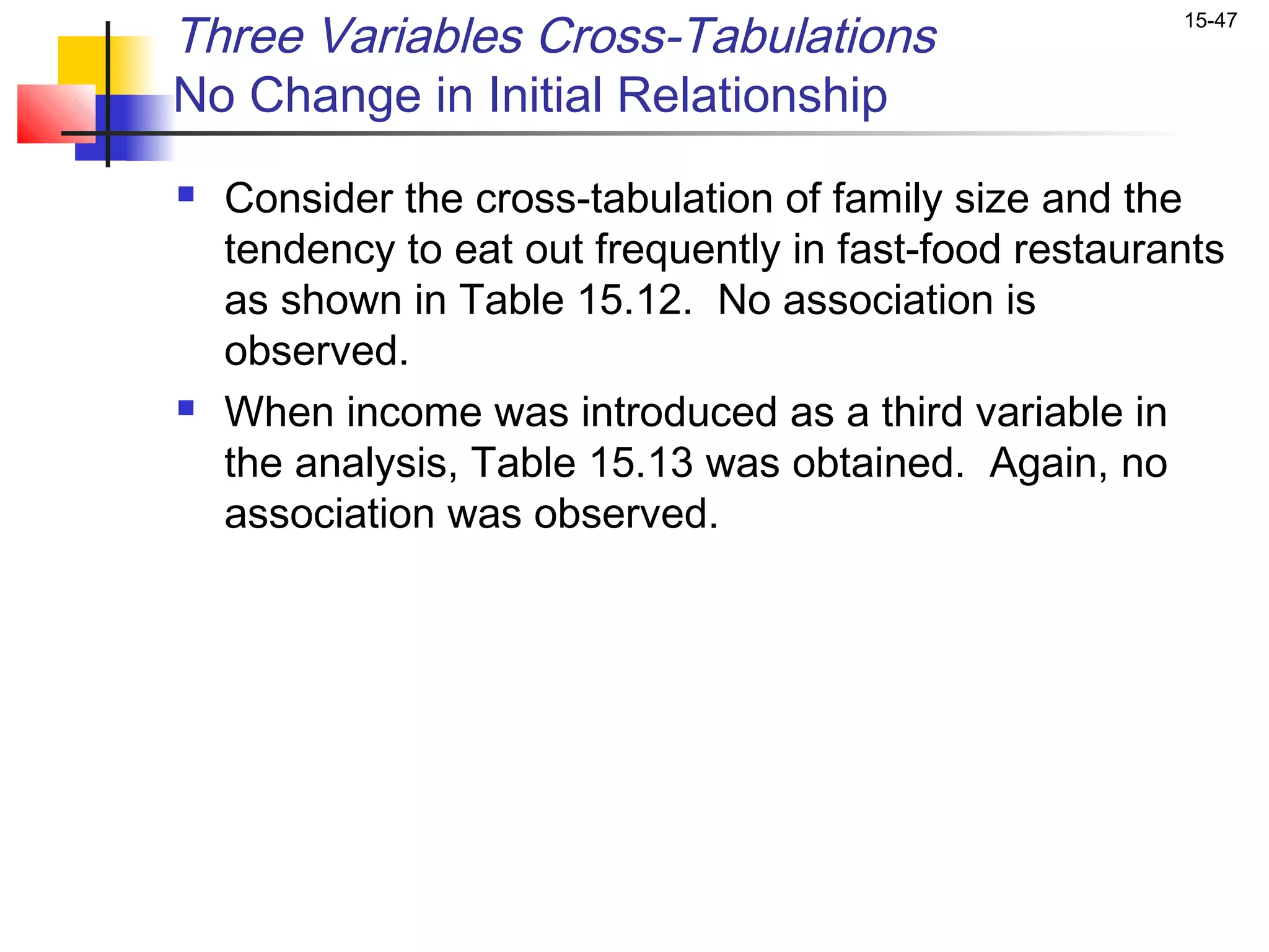 Three Variables Cross-Tabulations                       15-47


No Change in Initial Relationship
   Consider the cross-tabulation of family size and the
    tendency to eat out frequently in fast-food restaurants
    as shown in Table 15.12. No association is
    observed.
   When income was introduced as a third variable in
    the analysis, Table 15.13 was obtained. Again, no
    association was observed.
 