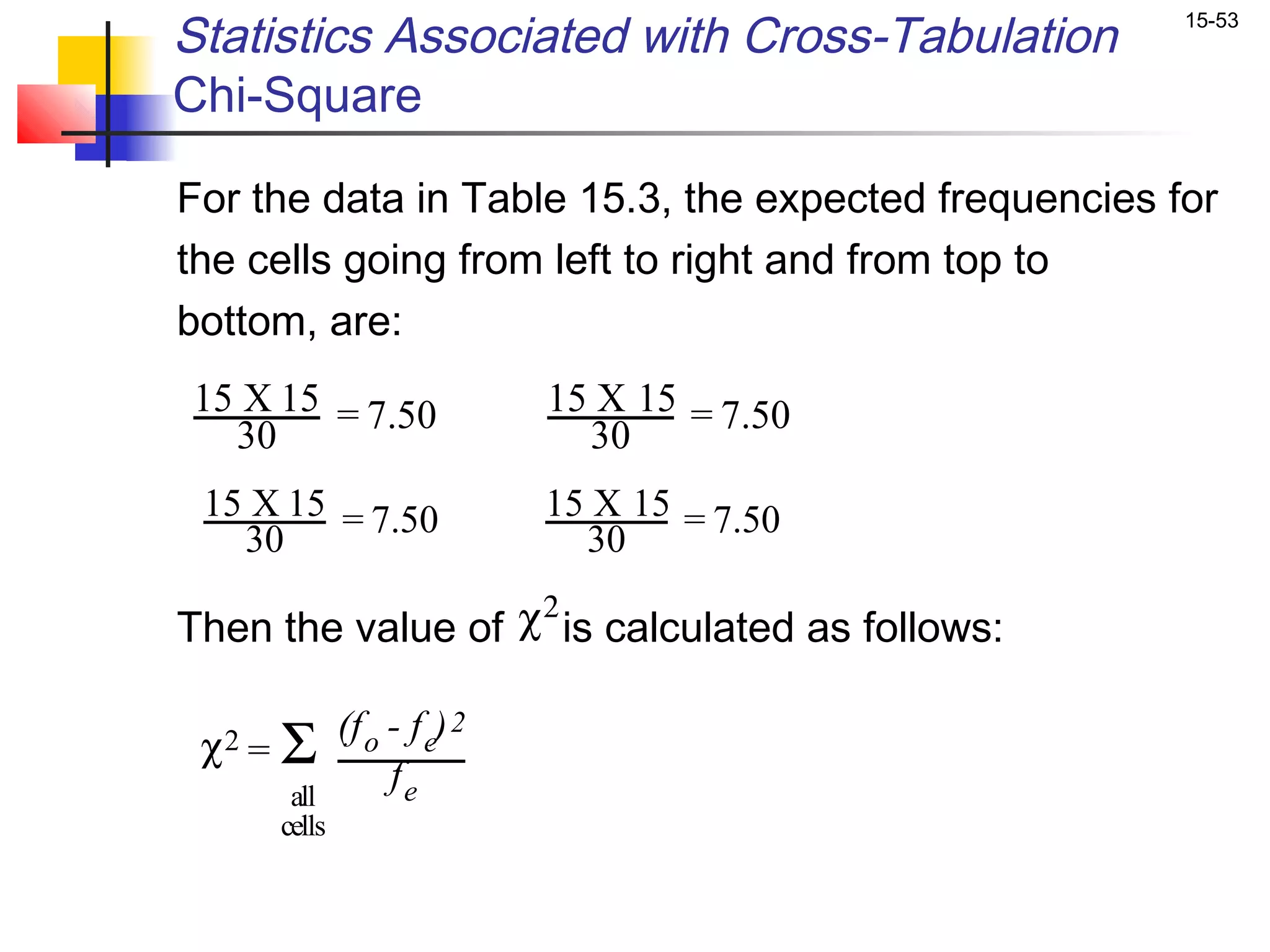 Statistics Associated with Cross-Tabulation           15-53


Chi-Square

For the data in Table 15.3, the expected frequencies for
the cells going from left to right and from top to
bottom, are:
15 X 15 = 7.50                  15 X 15 = 7.50
  30                              30
 15 X 15 = 7.50                 15 X 15 = 7.50
   30                             30

Then the value of χ 2 is calculated as follows:


 χ2 =   Σ       (f o - f e) 2
                     fe
         all
        cells
 