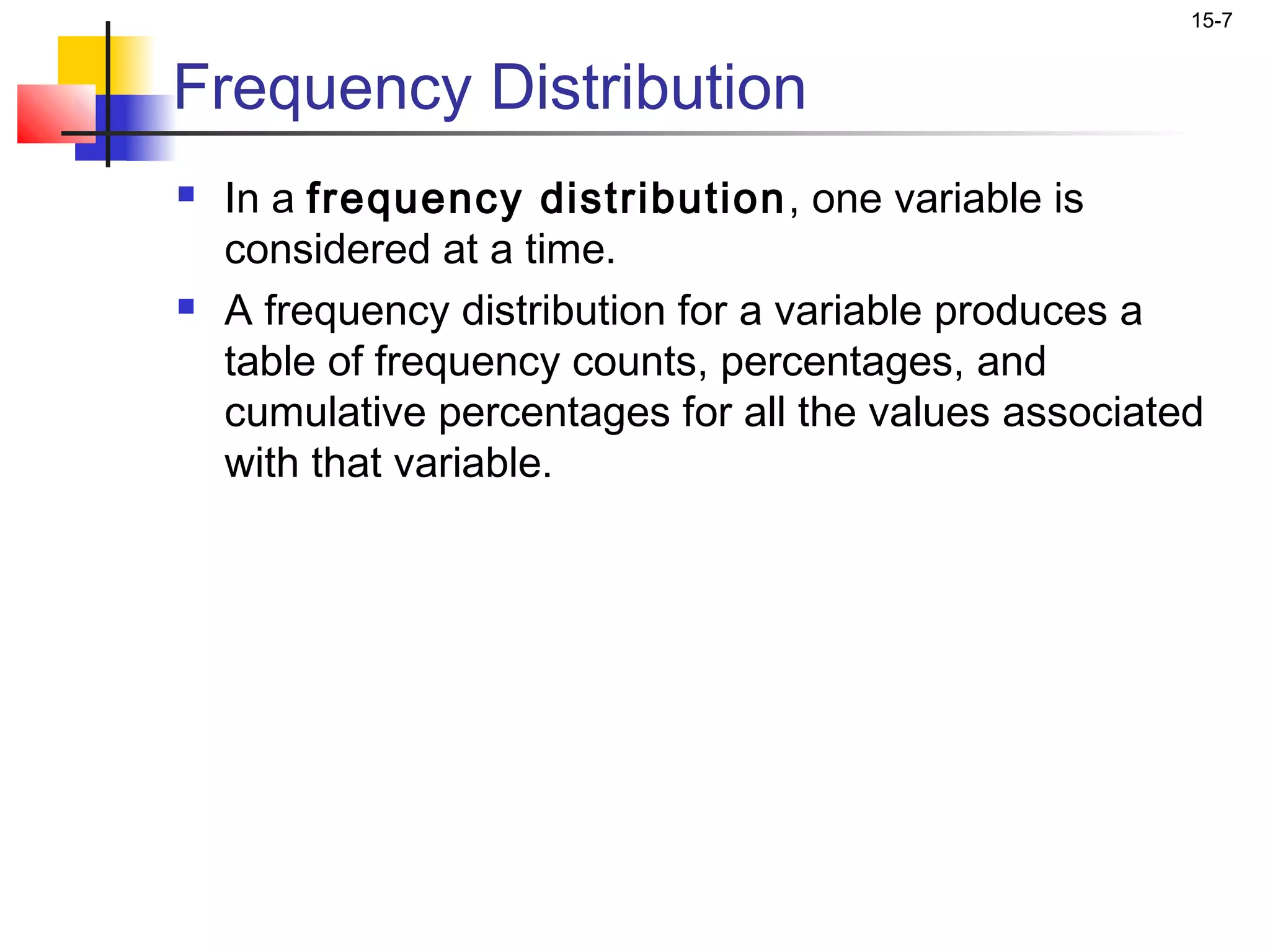 15-7


Frequency Distribution
   In a frequency distribution , one variable is
    considered at a time.
   A frequency distribution for a variable produces a
    table of frequency counts, percentages, and
    cumulative percentages for all the values associated
    with that variable.
 