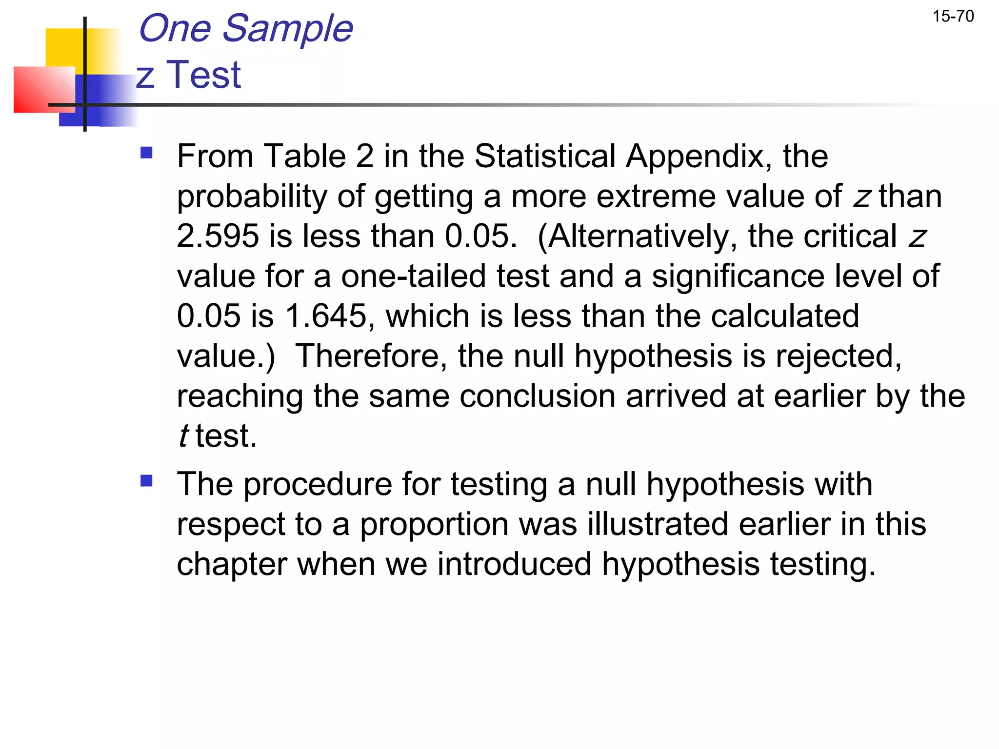 One Sample                                              15-70


z Test
   From Table 2 in the Statistical Appendix, the
    probability of getting a more extreme value of z than
    2.595 is less than 0.05. (Alternatively, the critical z
    value for a one-tailed test and a significance level of
    0.05 is 1.645, which is less than the calculated
    value.) Therefore, the null hypothesis is rejected,
    reaching the same conclusion arrived at earlier by the
    t test.
   The procedure for testing a null hypothesis with
    respect to a proportion was illustrated earlier in this
    chapter when we introduced hypothesis testing.
 