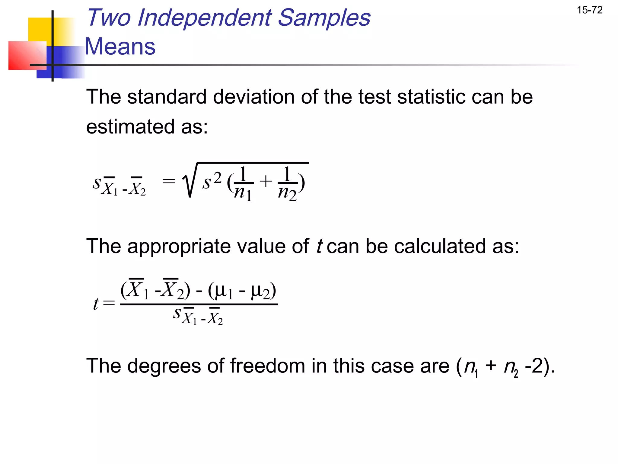 Two Independent Samples                                 15-72


Means

The standard deviation of the test statistic can be
estimated as:

sX 1 - X 2 =        1 1
               s 2 (n + n )
                     1   2


The appropriate value of t can be calculated as:

   (X 1 -X 2) - (µ1 - µ2)
t=        sX 1 - X 2

The degrees of freedom in this case are (n1 + n2 -2).
 