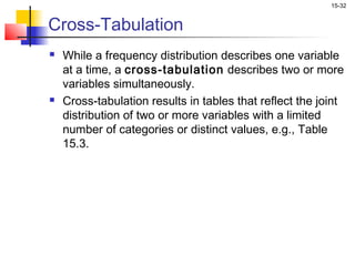 15-32


Cross-Tabulation
   While a frequency distribution describes one variable
    at a time, a cross-tabulation describes two or more
    variables simultaneously.
   Cross-tabulation results in tables that reflect the joint
    distribution of two or more variables with a limited
    number of categories or distinct values, e.g., Table
    15.3.
 