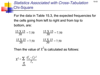 Statistics Associated with Cross-Tabulation           15-53


Chi-Square

For the data in Table 15.3, the expected frequencies for
the cells going from left to right and from top to
bottom, are:
15 X 15 = 7.50                  15 X 15 = 7.50
  30                              30
 15 X 15 = 7.50                 15 X 15 = 7.50
   30                             30

Then the value of χ 2 is calculated as follows:


 χ2 =   Σ       (f o - f e) 2
                     fe
         all
        cells
 