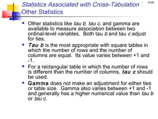 Statistics Associated with Cross-Tabulation           15-60


Other Statistics
   Other statistics like tau b, tau c, and gamma are
    available to measure association between two
    ordinal-level variables. Both tau b and tau c adjust
    for ties.
   Tau b is the most appropriate with square tables in
    which the number of rows and the number of
    columns are equal. Its value varies between +1 and
    -1.
   For a rectangular table in which the number of rows
    is different than the number of columns, tau c should
    be used.
   Gamma does not make an adjustment for either ties
    or table size. Gamma also varies between +1 and -1
    and generally has a higher numerical value than tau b
    or tau c.
 