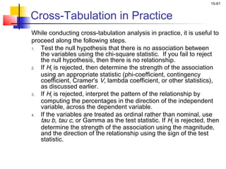 15-61


Cross-Tabulation in Practice
While conducting cross-tabulation analysis in practice, it is useful to
proceed along the following steps.
1. Test the null hypothesis that there is no association between
   the variables using the chi-square statistic. If you fail to reject
   the null hypothesis, then there is no relationship.
2. If H0 is rejected, then determine the strength of the association
   using an appropriate statistic (phi-coefficient, contingency
   coefficient, Cramer's V, lambda coefficient, or other statistics),
   as discussed earlier.
3. If H0 is rejected, interpret the pattern of the relationship by
   computing the percentages in the direction of the independent
   variable, across the dependent variable.
4. If the variables are treated as ordinal rather than nominal, use
   tau b, tau c, or Gamma as the test statistic. If H0 is rejected, then
   determine the strength of the association using the magnitude,
   and the direction of the relationship using the sign of the test
   statistic.
 