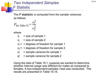 Two Independent Samples                                         15-74


F Statistic
The F statistic is computed from the sample variances
as follows
                  2
                 s1
F(n1-1),(n2-1) =
                  2
                 s2
where
  n1      = size of sample 1
  n2      = size of sample 2
  n1 -1   = degrees of freedom for sample 1
  n2 -1   = degrees of freedom for sample 2
  s1 2    = sample variance for sample 1
  s2 2    = sample variance for sample 2

Using the data of Table 15.1, suppose we wanted to determine
whether Internet usage was different for males as compared to
females. A two-independent-samples t test was conducted. The
results are presented in Table 15.14.
 