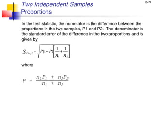 Two Independent Samples                                              15-77


Proportions
In the test statistic, the numerator is the difference between the
proportions in the two samples, P1 and P2. The denominator is
the standard error of the difference in the two proportions and is
given by

                    1   1
S P1− p 2 = P(1 − P) + 
                     n1 n2 
                           

where

    n1P1 + n2P2
P =   n1 + n2
 