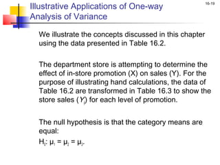 Illustrative Applications of One-way
                                                           16-19


Analysis of Variance

    We illustrate the concepts discussed in this chapter
    using the data presented in Table 16.2.

    The department store is attempting to determine the
    effect of in-store promotion (X) on sales (Y). For the
    purpose of illustrating hand calculations, the data of
    Table 16.2 are transformed in Table 16.3 to show the
    store sales (Yij) for each level of promotion.
 
    The null hypothesis is that the category means are
    equal:
    H0: µ1 = µ2 = µ3.
 