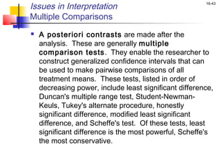Issues in Interpretation                                16-43


Multiple Comparisons
   A posteriori contrasts are made after the
    analysis. These are generally multiple
    comparison tests. They enable the researcher to
    construct generalized confidence intervals that can
    be used to make pairwise comparisons of all
    treatment means. These tests, listed in order of
    decreasing power, include least significant difference,
    Duncan's multiple range test, Student-Newman-
    Keuls, Tukey's alternate procedure, honestly
    significant difference, modified least significant
    difference, and Scheffe's test. Of these tests, least
    significant difference is the most powerful, Scheffe's
    the most conservative.
 