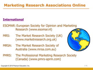 1-41
Copyright © 2010 Pearson Education, Inc.
International
ESOMAR: European Society for Opinion and Marketing
Research (www.esomar.nl)
MRS: The Market Research Society (UK)
(www.marketresearch.org.uk)
MRSA: The Market Research Society of
Australia (www.mrsa.com.au)
PMRS: The Professional Marketing Research Society
(Canada) (www.pmrs-aprm.com)
Marketing Research Associations Online
 