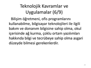 Bilişim öğretmeni, ofis programlarını
kullanabilme, bilgisayar teknolojileri ile ilgili
bakım ve donanım bilgisine sahip olma, okul
içerisinde ağ kurma, çoklu ortam yazılımları
hakkında bilgi ve tecrübeye sahip olma asgari
düzeyde bilmesi gerekenlerdir.
Teknolojik Kavramlar ve
Uygulamalar (6/9)
23
 