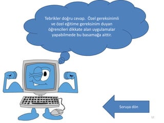 Tebrikler doğru cevap. Özel gereksinimli
ve özel eğitime gereksinim duyan
öğrencileri dikkate alan uygulamalar
yapabilmede bu basamağa aittir.
Soruya dön
57
 